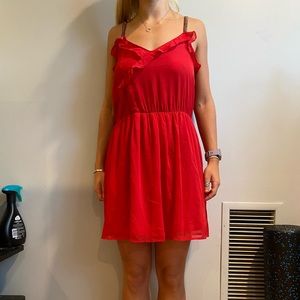 Red fit and flare dress with beaded straps